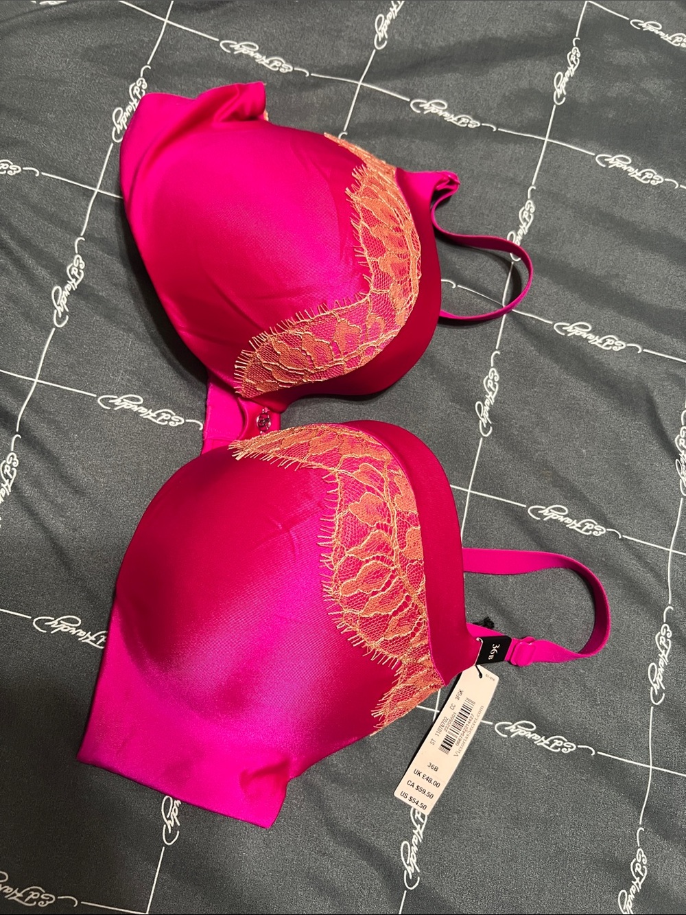 Victoria's Secret push-up Fuchsia Bra with Gold Lace Trim
